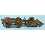 A brass and steel 3½'' gauge 4-4-0 locomotive chassis with cow catcher, 57cm long.