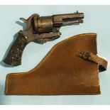 A 19th century Belgian pin fire revolver with engraved barrel, action and cylinder liege, proof