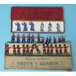 Lead soldiers, unnamed, thirteen Scots Guards, boxed, twelve other lead soldiers and a boxed set