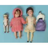 A Bähr & Pröschild 585G bisque head doll, (arm missing), 18cm and three other small dolls, (4).