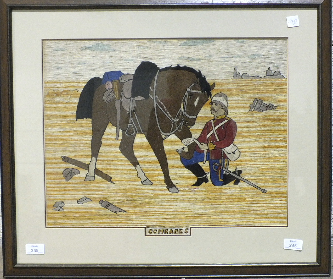 A Boer War wool work picture depicting a Dragoon tending his injured horse, titled 'Comrades',