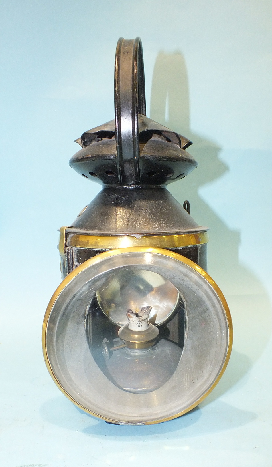 A Japanned LSWR four-aspect hand lamp with brass label and detail, stamped 'Tower Hill' on the side, - Image 2 of 2