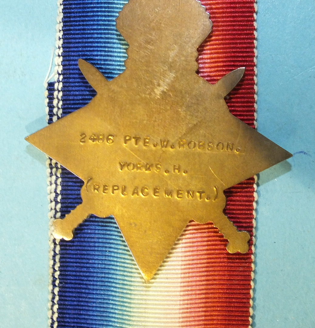 An official replacement group of three WW1 medals awarded to 2486/30311Pte W Robson, Yorks H, in - Image 2 of 3