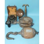 A type P8M boat compass, boxed, a ships copper and brass speaking tube top, a brass boat hook, a