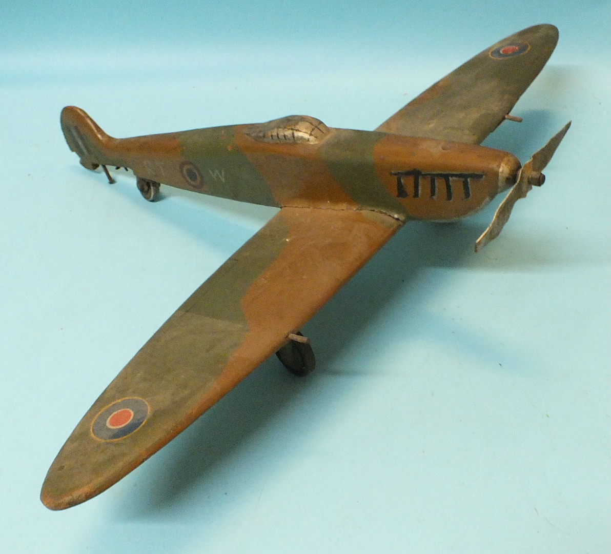 A scratch-built wooden model of a WWII Spitfire, (horizontal tail stabiliser missing), 47cm long. - Image 2 of 2