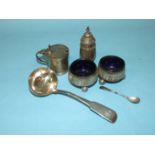 A silver fiddle pattern sauce ladle, London 1806, a pair of Exeter silver salts on ball feet with