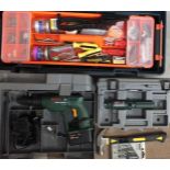 A Bosch PSB 9,6VES-2 battery operated drill, boxed and a collection of hand tools, etc.