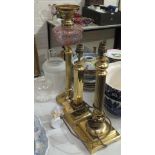 A collection of modern brass table lamps, other brassware and metalware, a carpet bowls game and