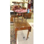 An Edwardian inlaid elbow chair with oval padded seat and turned legs, and a matching Pembroke