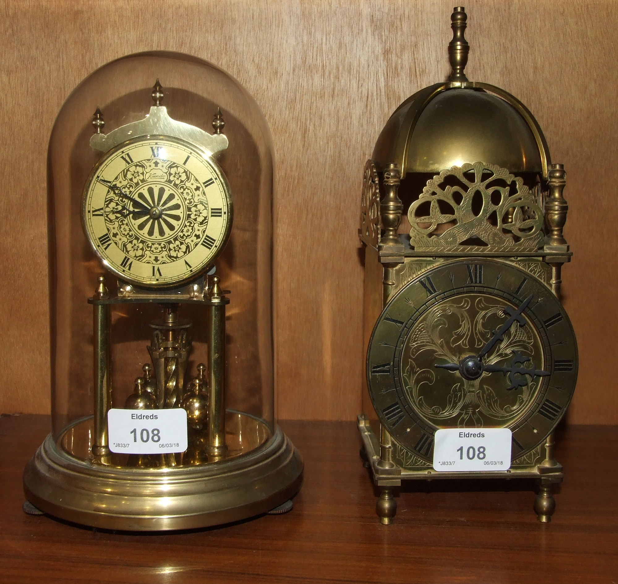 A small modern lantern clock, 26cm high with French movement and Kundo German 400 day clock under