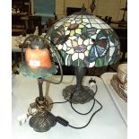 A modern Tiffany style table lamp, the shade decorated with butterflies, 58cm high and another