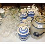 Three Wedgwood cream ware figures three T G Green clover leaf blue and white storage jars, Tea,