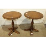 Simpsons of Norfolk, a pair of hardwood circular occasional tables with yew inlay on turned