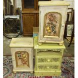 A pair of painted wood bedside cabinets, and another painted bedside table with two drawers, (3).