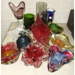 A collection of 1960's and later coloured glass vases, other glassware and ceramics.