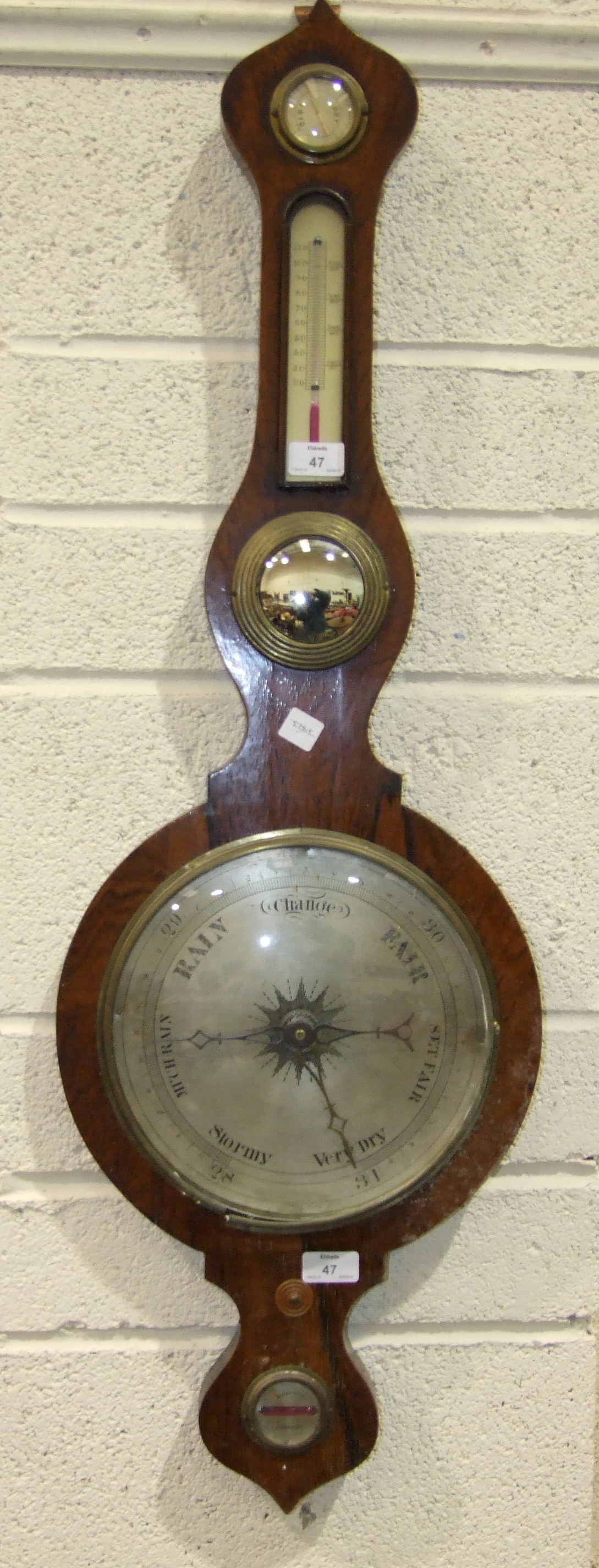 A late 19th century rosewood banjo barometer having mercurial column action, later spirit