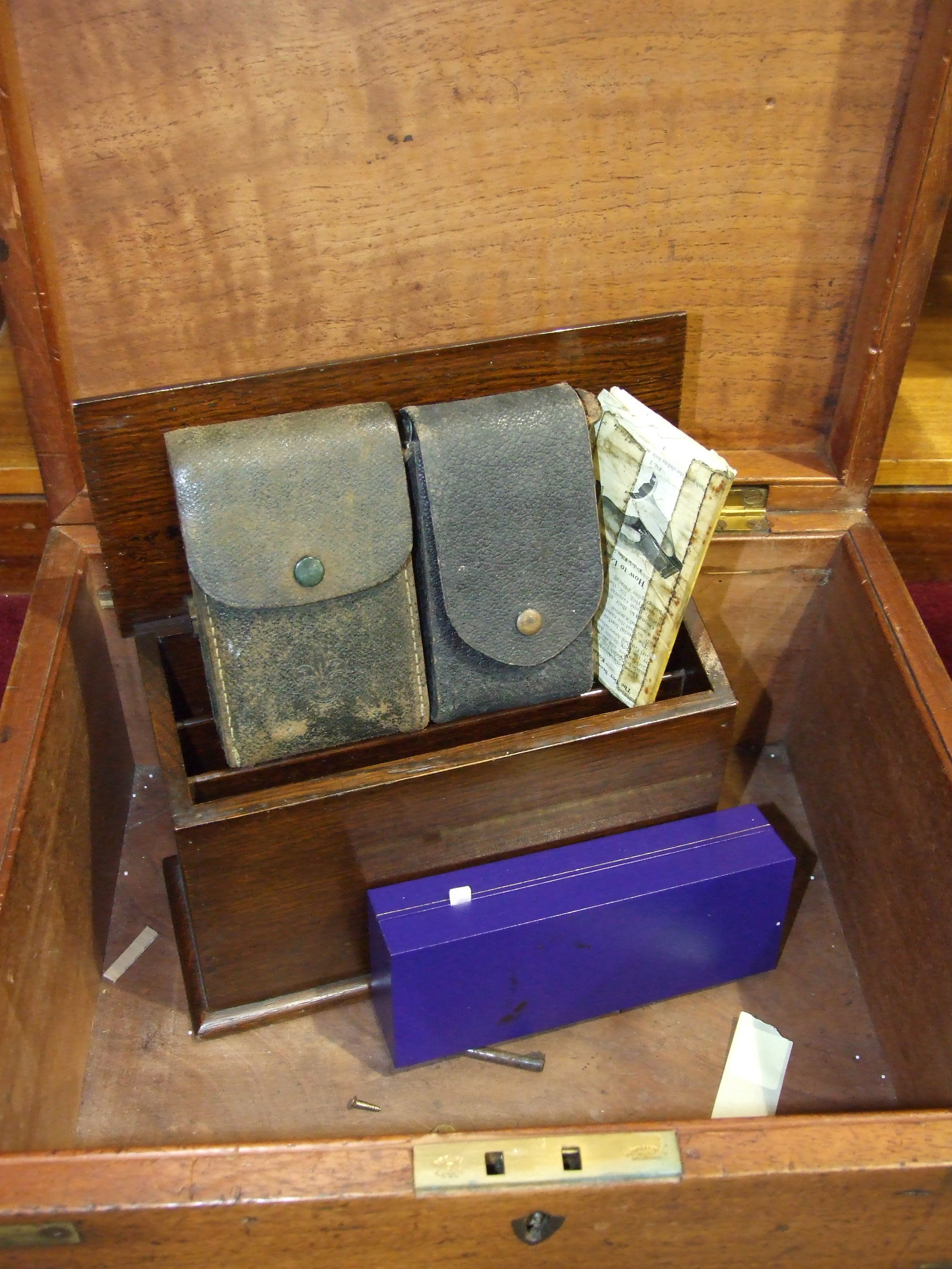 A 19th century brass bound mahogany rectangular box with brass carrying handles, an oak stationery - Image 2 of 2