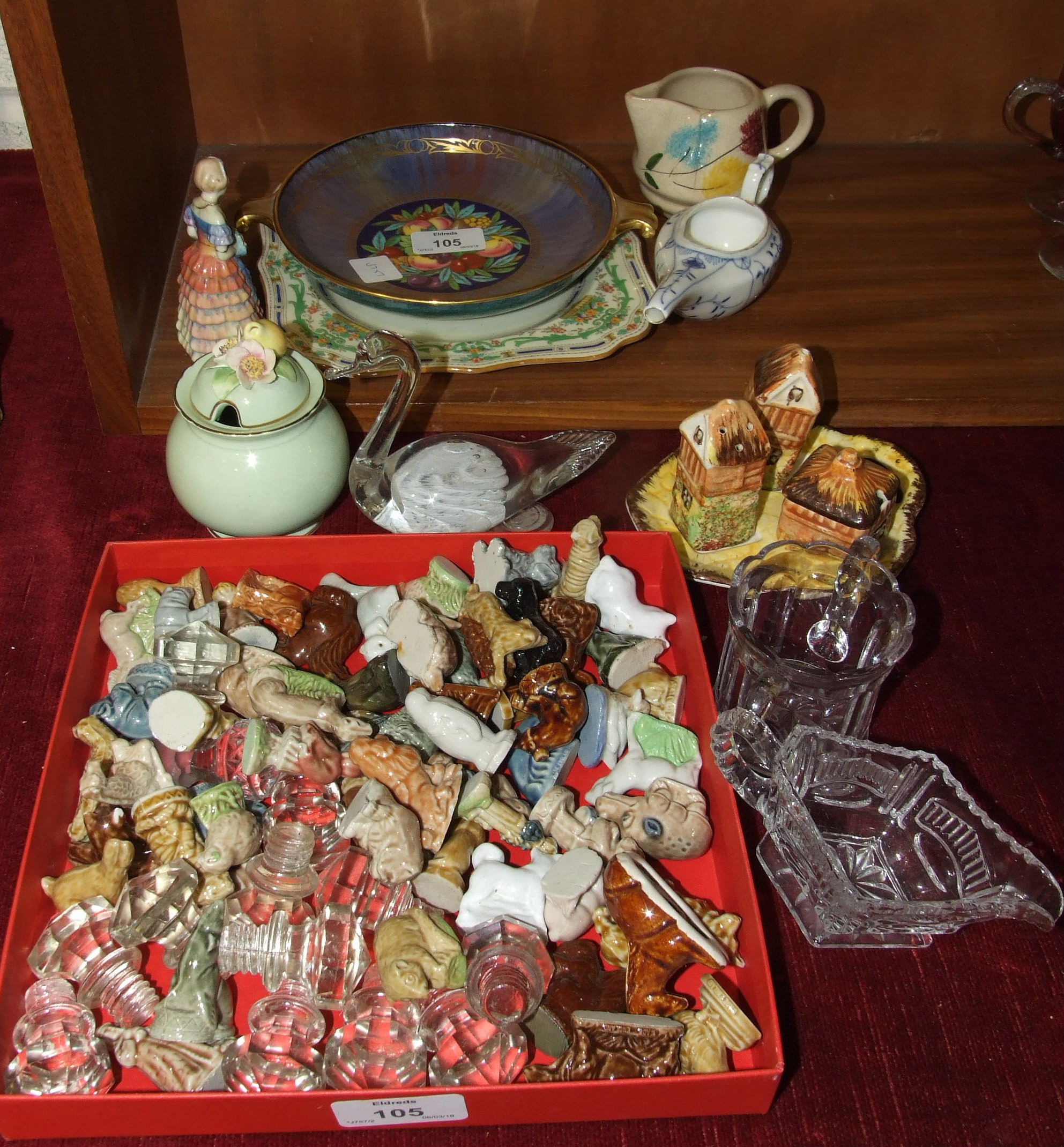 A Mintons Lustre ware two-handled shallow bowl decorated with fruit, a collection of Wade