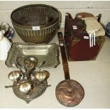 A 20th century bamboo and bone mah jong set contained in a wooden case, a Victorian copper teapot