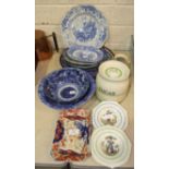 A blue and white "stone china" transfer printed plate, other blue and white transfer wares and