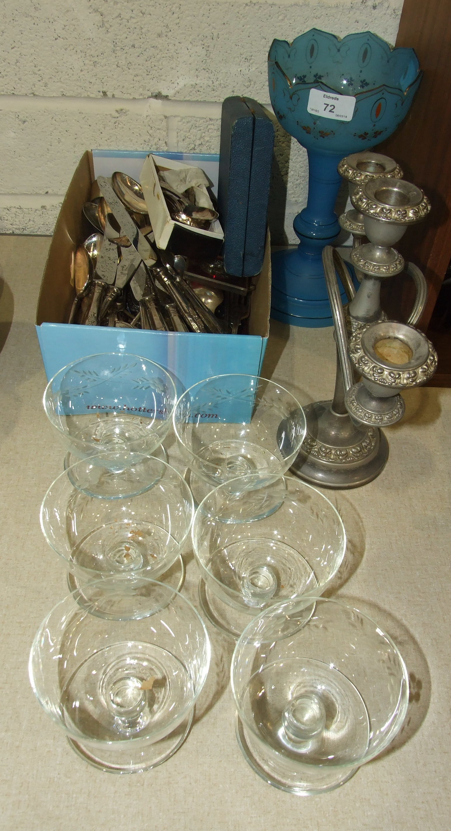 A frosted blue glass chimney vase, 26cm high, various plated cutlery and miscellaneous ceramics.