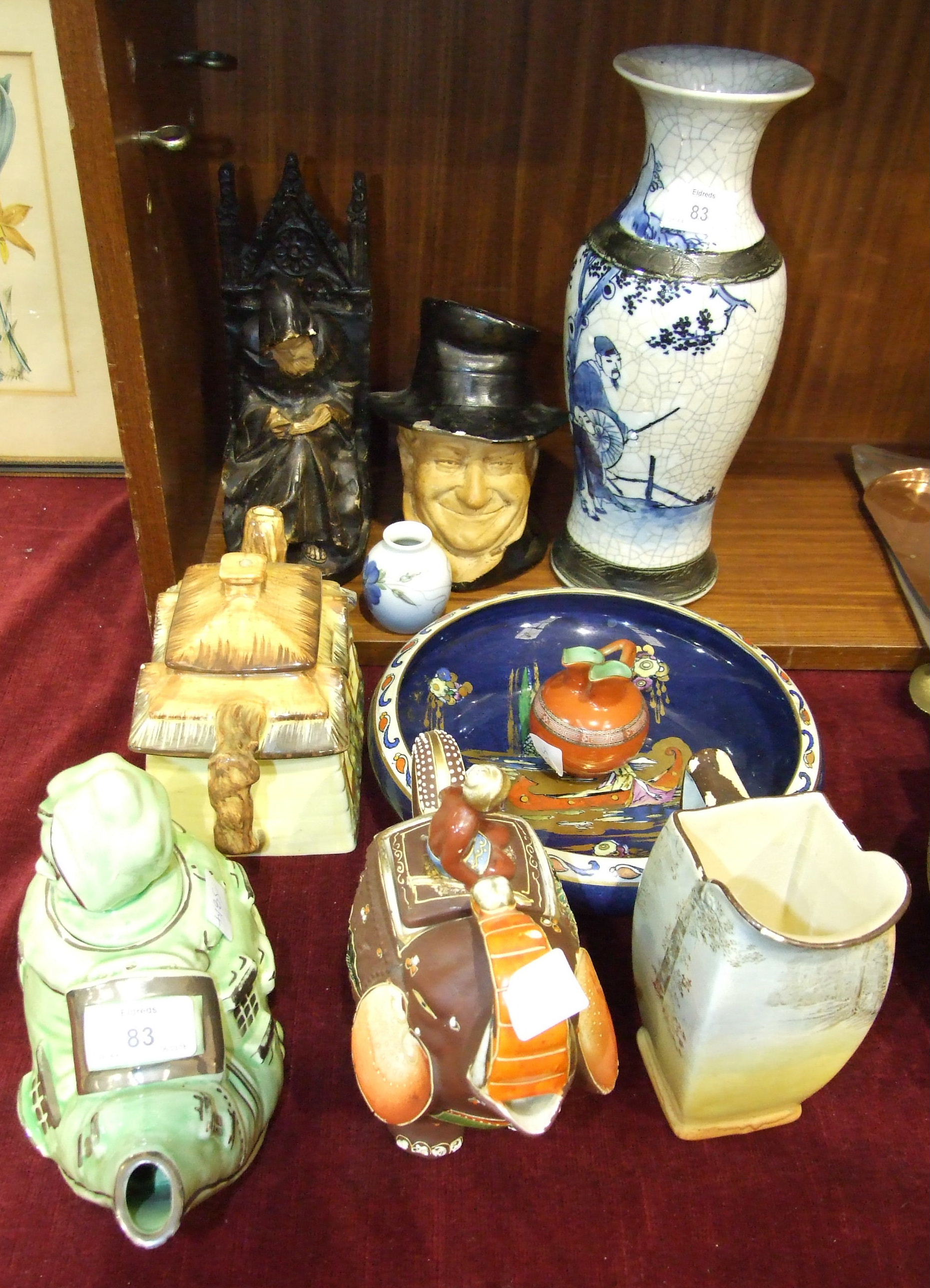 A Lingard novelty Woman Who Lived in a Shoe teapot, 16cm high, a Chinese crackle glaze vase