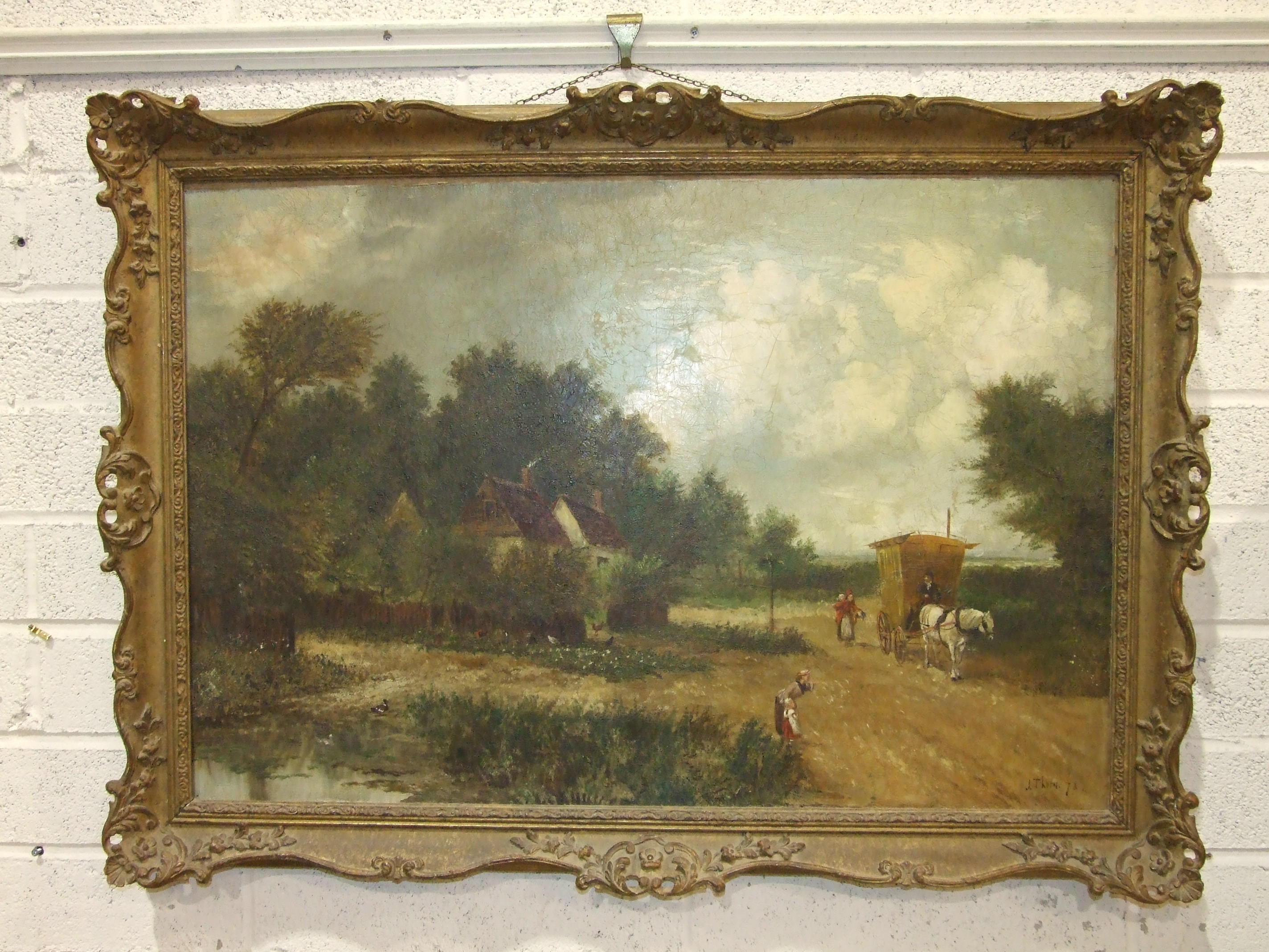 J Thorn, Figures and a Horse-drawn Carriage Passing a Cottage, signed oil on canvas, dated '78, 60 x