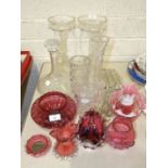 A pair of clear glass lustre drop vases, 28cm high, a ships decanter and stopper, a cranberry