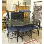 A modern oval marble top table on metal stand, 159 x 89cm and six matching chairs with upholstered