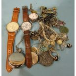 A silver fob watch, af, other watches, a small collection of costume jewellery and miscellanea.