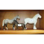 Three Beswick horses, Shire Mare, grey, 21.6cm, Hunter, grey, 20.3cm, Shetland Pony, "Eschonchan