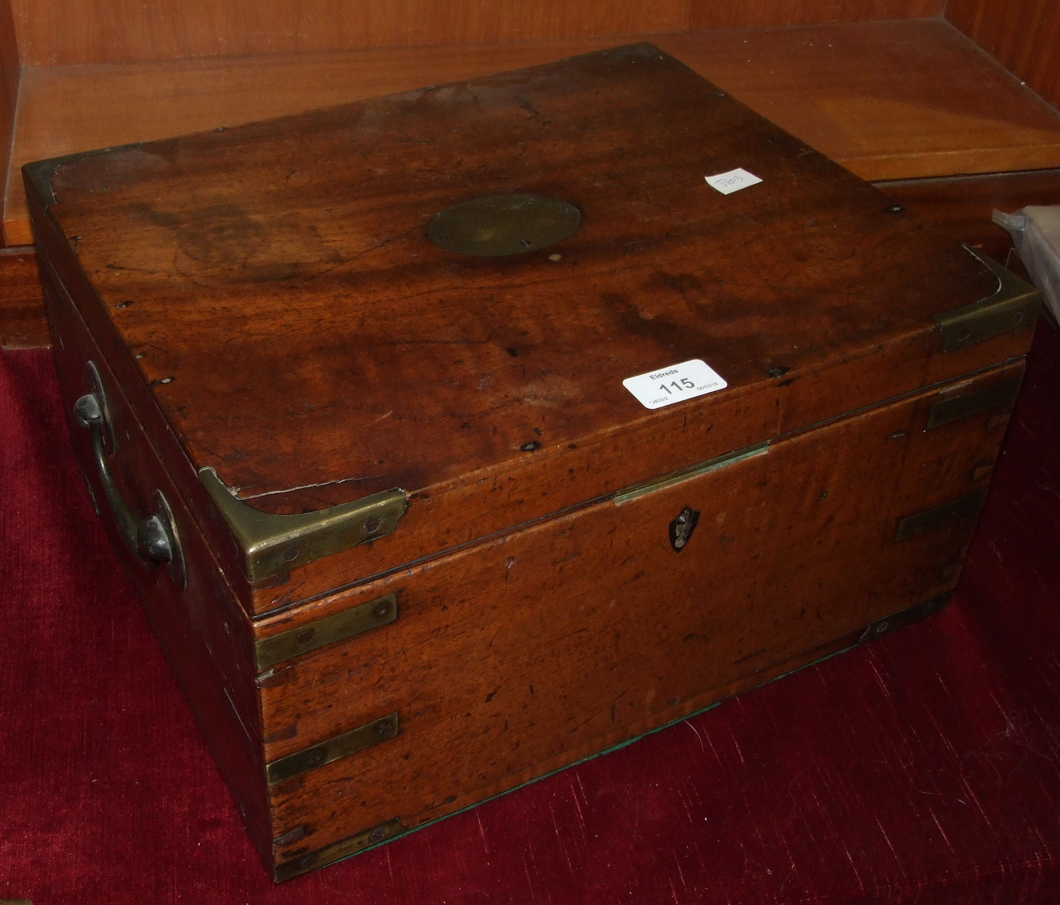 A 19th century brass bound mahogany rectangular box with brass carrying handles, an oak stationery