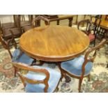 A Victorian mahogany circular breakfast table with moulded border, on turned column and carved