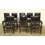 A set of six walnut 19th century dining chairs with leather-upholstered and studded backs and seats,