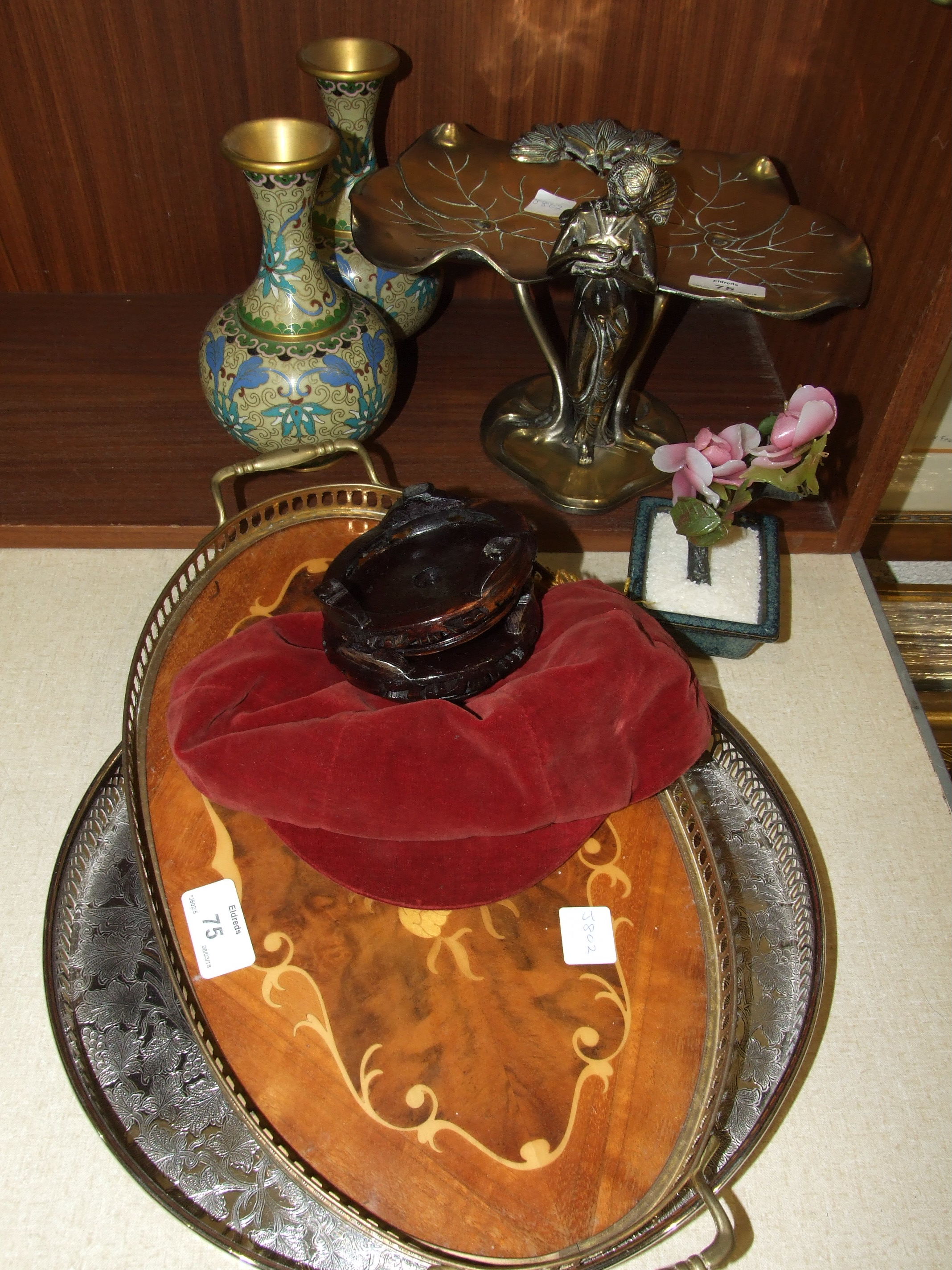 An Art Nouveau style brass tazza, 20cm high, a pair of modern cloisonné vases, a brass table lamp