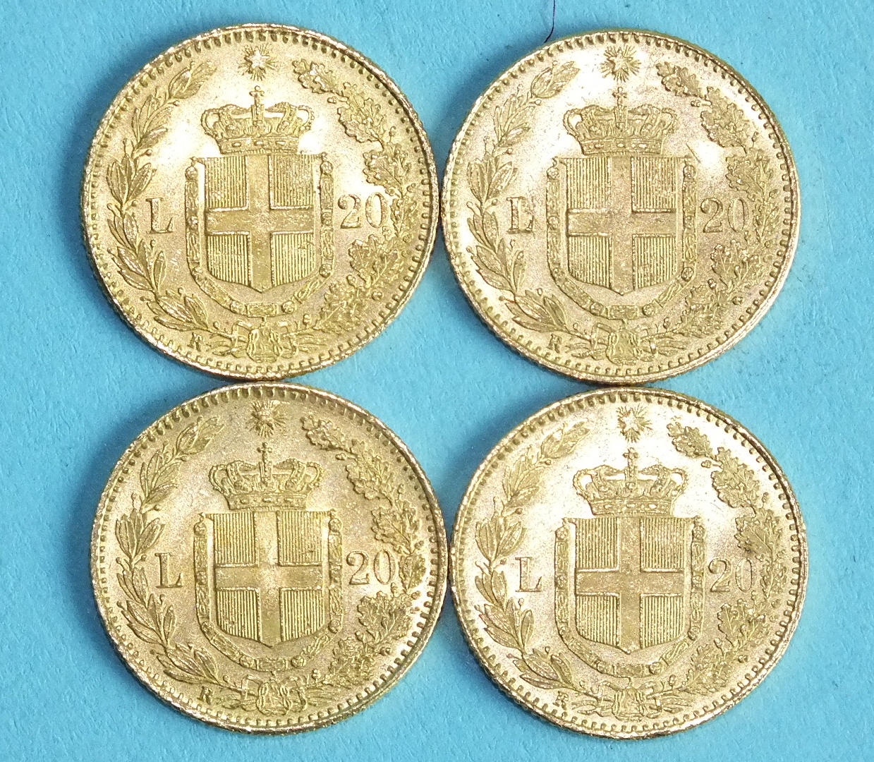 Four Italian Kingdom Umberto I 20-Lire coins, 1882, (4).