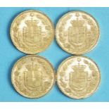 Four Italian Kingdom Umberto I 20-Lire coins, 1882, (4).