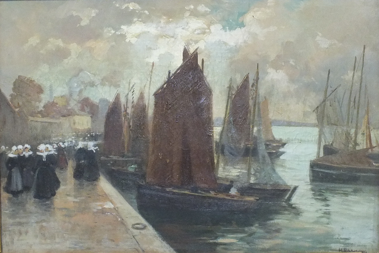 Circle of Henri Alphonse Barnoin (1882-1940) FISHING BOATS IN A BRETON HARBOUR WITH NUMEROUS FIGURES - Image 2 of 2