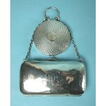 An Edwardian silver purse on chain, 9.5 x 5.5cm, Birmingham 1908 and an engine-turned compact, 5.5cm