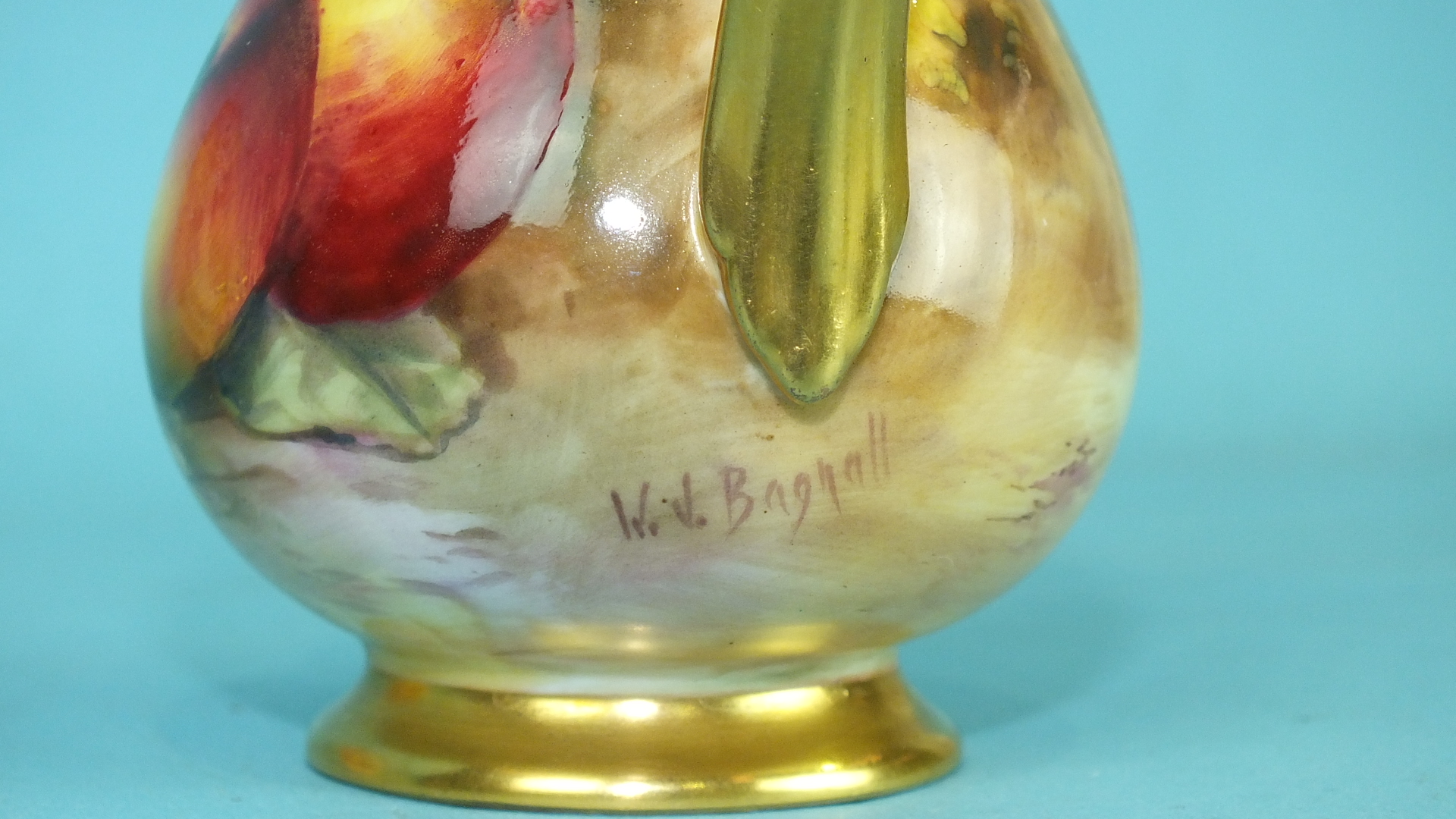 A Royal Worcester porcelain sugar bowl painted with fruit by George Mosely, gilt interior, a similar - Image 4 of 7