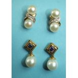 A pair of amethyst and cultured pearl drop earrings and another pair each set two cultured pearls.