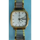 Omega, a gentleman's Omega Seamaster quartz wrist watch with gold-plated rounded-square face,