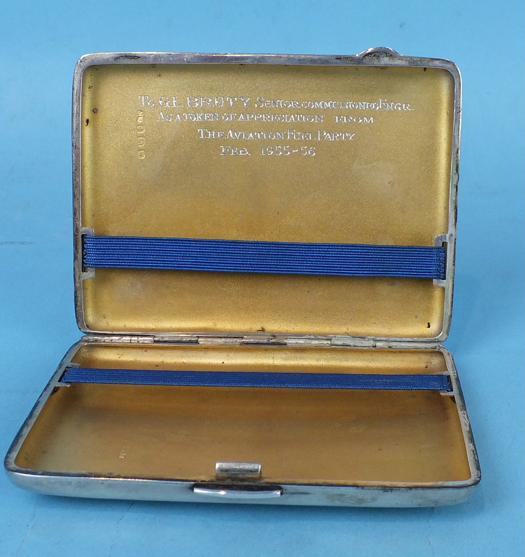 An engine-turned silver cigarette case, Birmingham 1946, 11 x 8.5cm, engraved initials outside, - Image 3 of 3