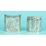 A small Continental silver box of hat box form, embossed with cherubs, 3.5cm high and another,