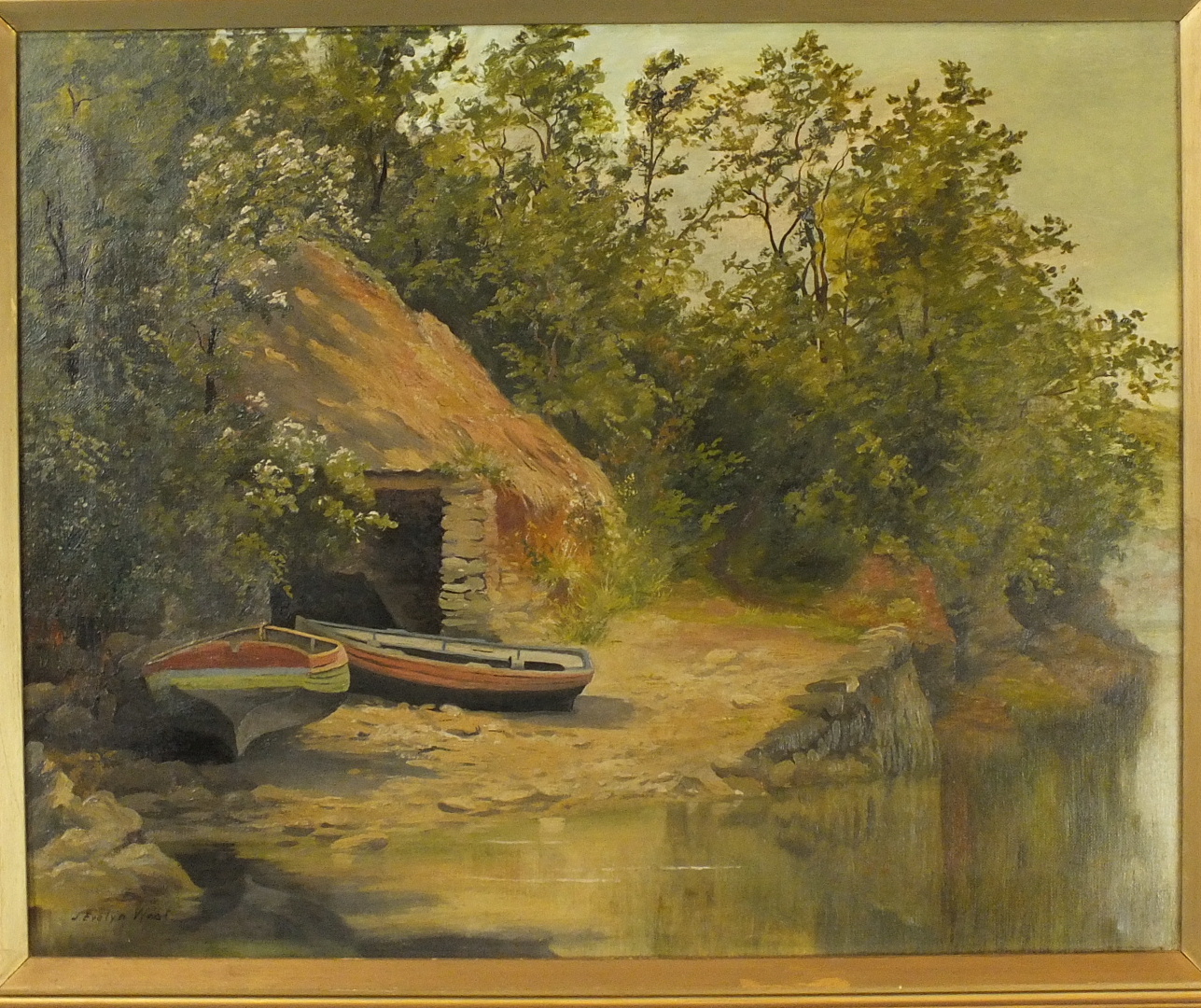 J Evelyn-West BOATS ON A LAKE SHORE Signed oil on canvas, 41.5 x 51.5cm.