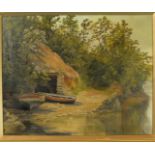 J Evelyn-West BOATS ON A LAKE SHORE Signed oil on canvas, 41.5 x 51.5cm.