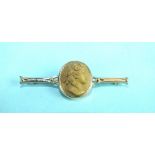 A lava cameo bar brooch of a portrait of a lady with flowers in her hair, on unmarked gold mount,