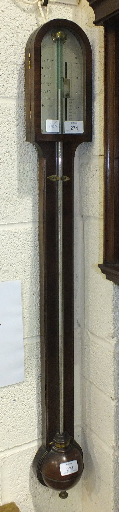 A late-Georgian mahogany stick barometer, the plain arch case with ball cistern cover and hinged