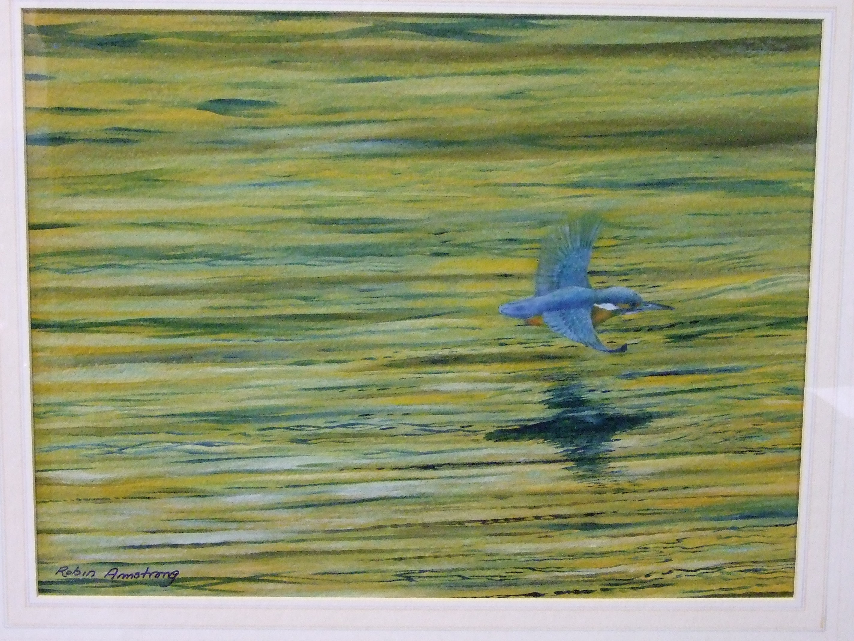 •Robin Armstrong (20th century) STUDY OF A KINGFISHER FISHING IN THE EVENING LIGHT Signed oil on