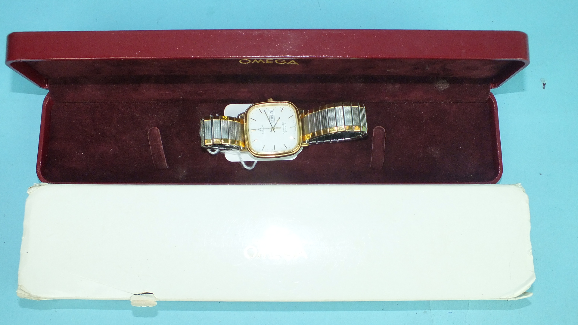 Omega, a gentleman's Omega Seamaster quartz wrist watch with gold-plated rounded-square face, - Image 3 of 3